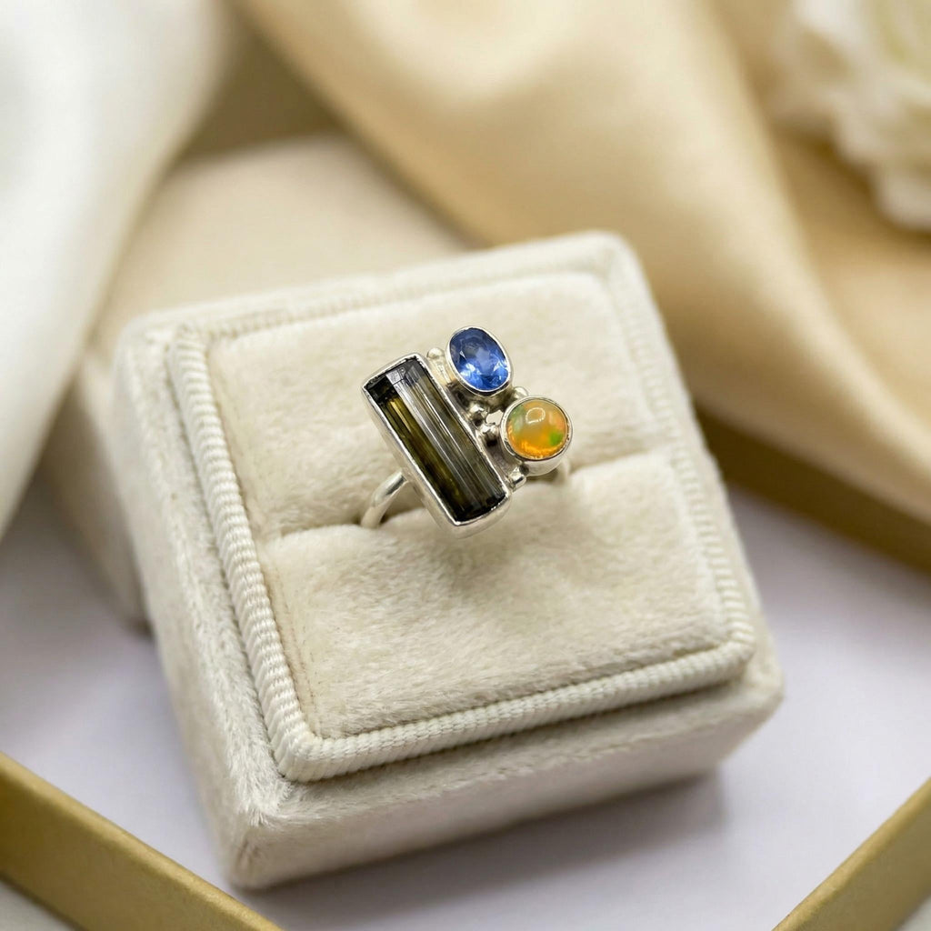 Raw Tourmaline, Opal & Sapphire Ring: Sterling Silver Handmade Jewelry