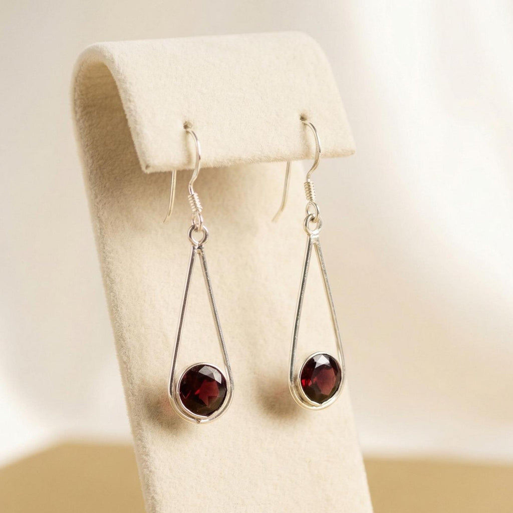 Garnet Drop Earrings 925 Sterling Silver | Round Gemstone Dangle | January Birthstone | Handmade Jewelry