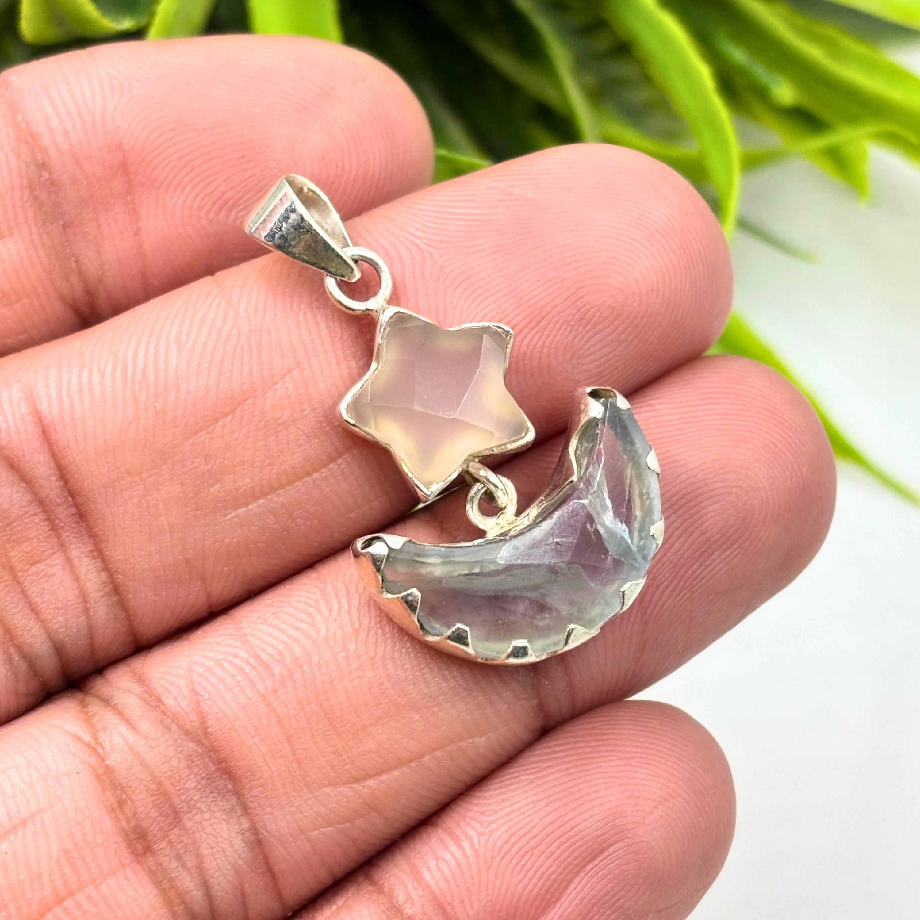 Rose Quartz Star and Fluorite Moon Pendant in 925 Sterling Silver – Celestial Gemstone Necklace, Boho Moon and Star Jewelry Gift for Her