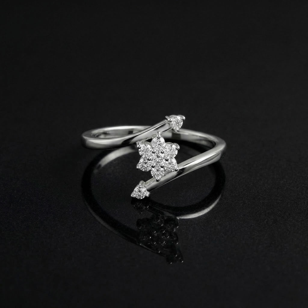 925 Sterling Silver CZ Starburst Ring, Pavé Flower Bypass Band, Boho Stacker Jewelry
