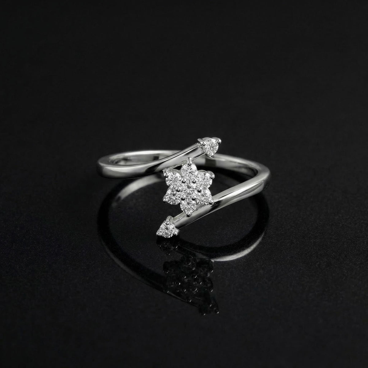 925 Sterling Silver CZ Starburst Ring, Pavé Flower Bypass Band, Boho Stacker Jewelry