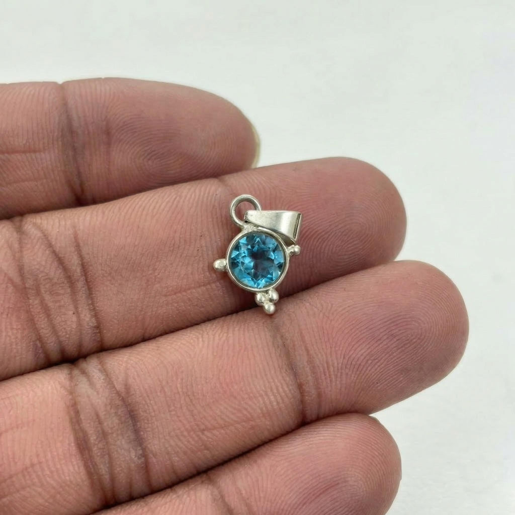 Sterling Silver Blue Topaz Starburst Pendant – Minimalist Sky Blue Gemstone Necklace