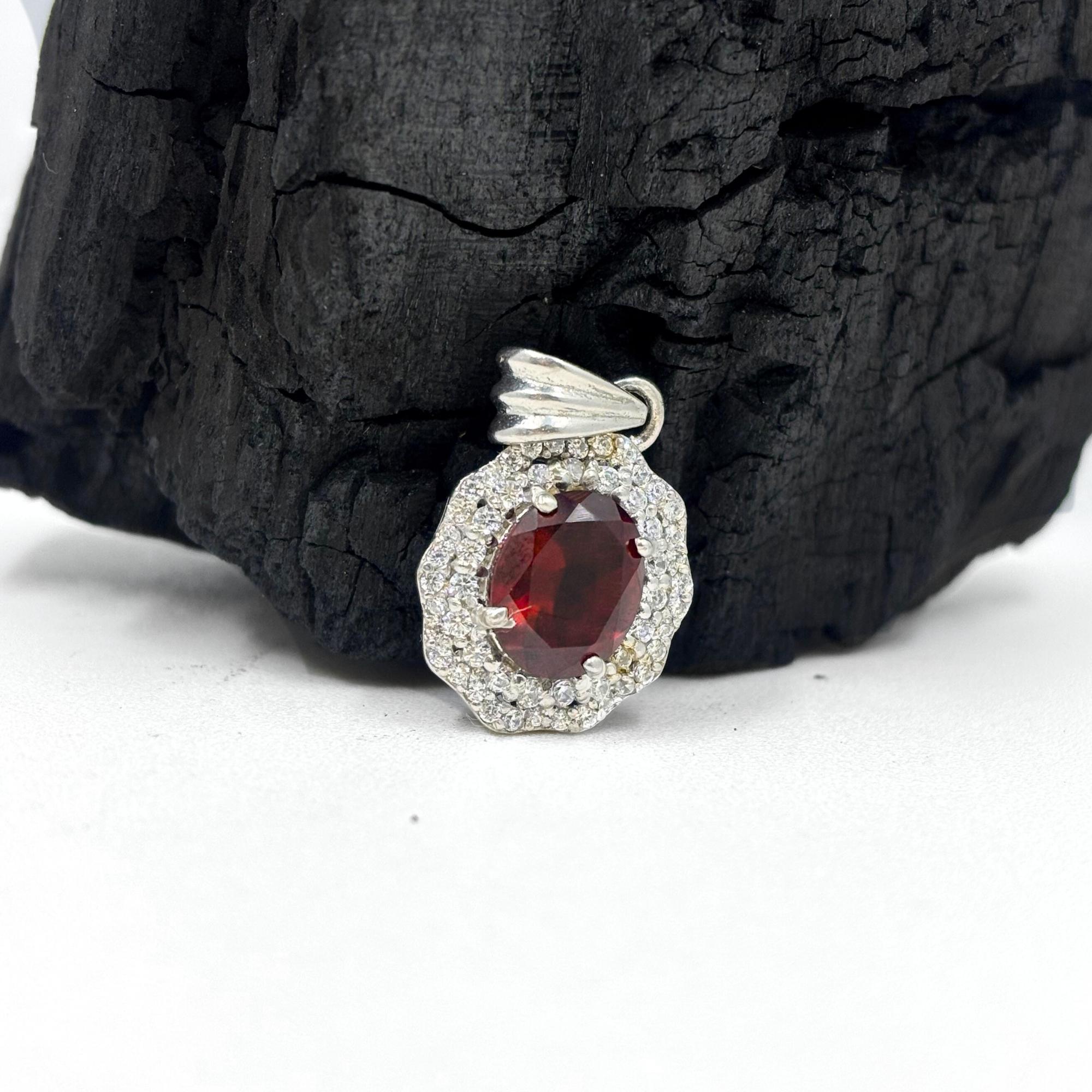 Garnet CZ Double Halo Pendant in 925 Sterling Silver – Luxe Oval Red Gemstone Necklace, Sparkling January Birthstone Jewelry Gift for Her