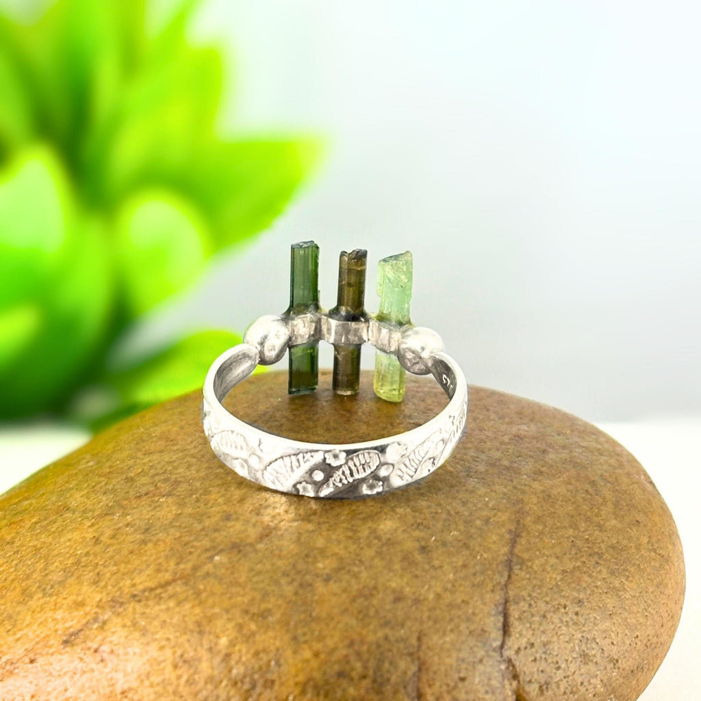 Raw Green Tourmaline Bar Sterling Silver Ring: Handmade Open Band