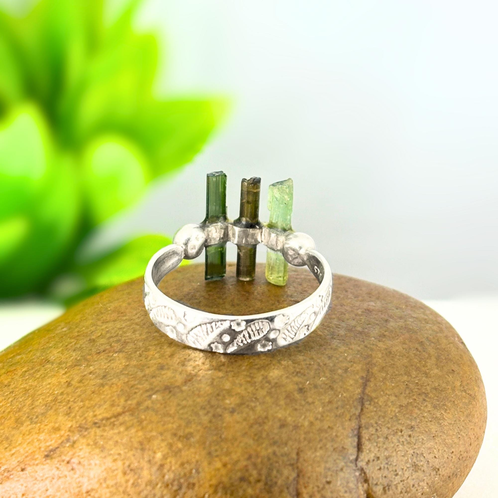 Raw Green Tourmaline Bar Sterling Silver Ring: Handmade Open Band