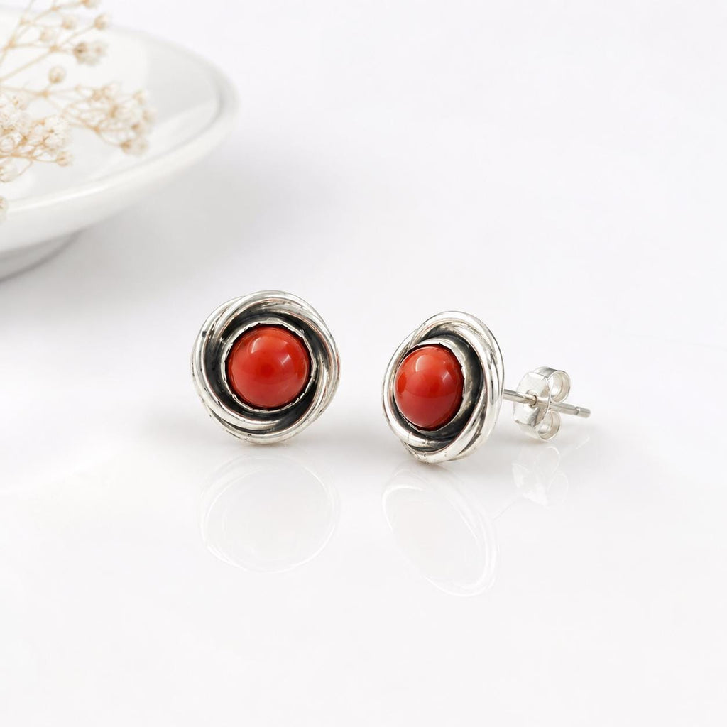 Red Coral Round Stud Earrings 925 Sterling Silver | Gemstone Studs | January Birthstone | Handmade Jewelry