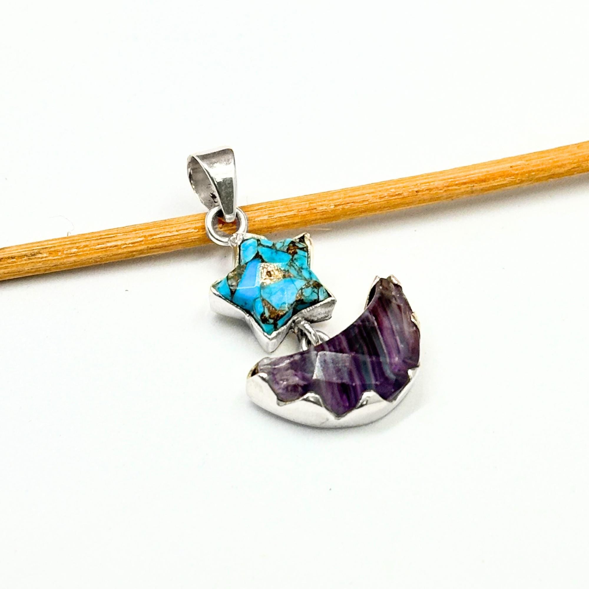 Turquoise Star & Rainbow Fluorite Moon Pendant: Handmade Silver Celestial Necklace