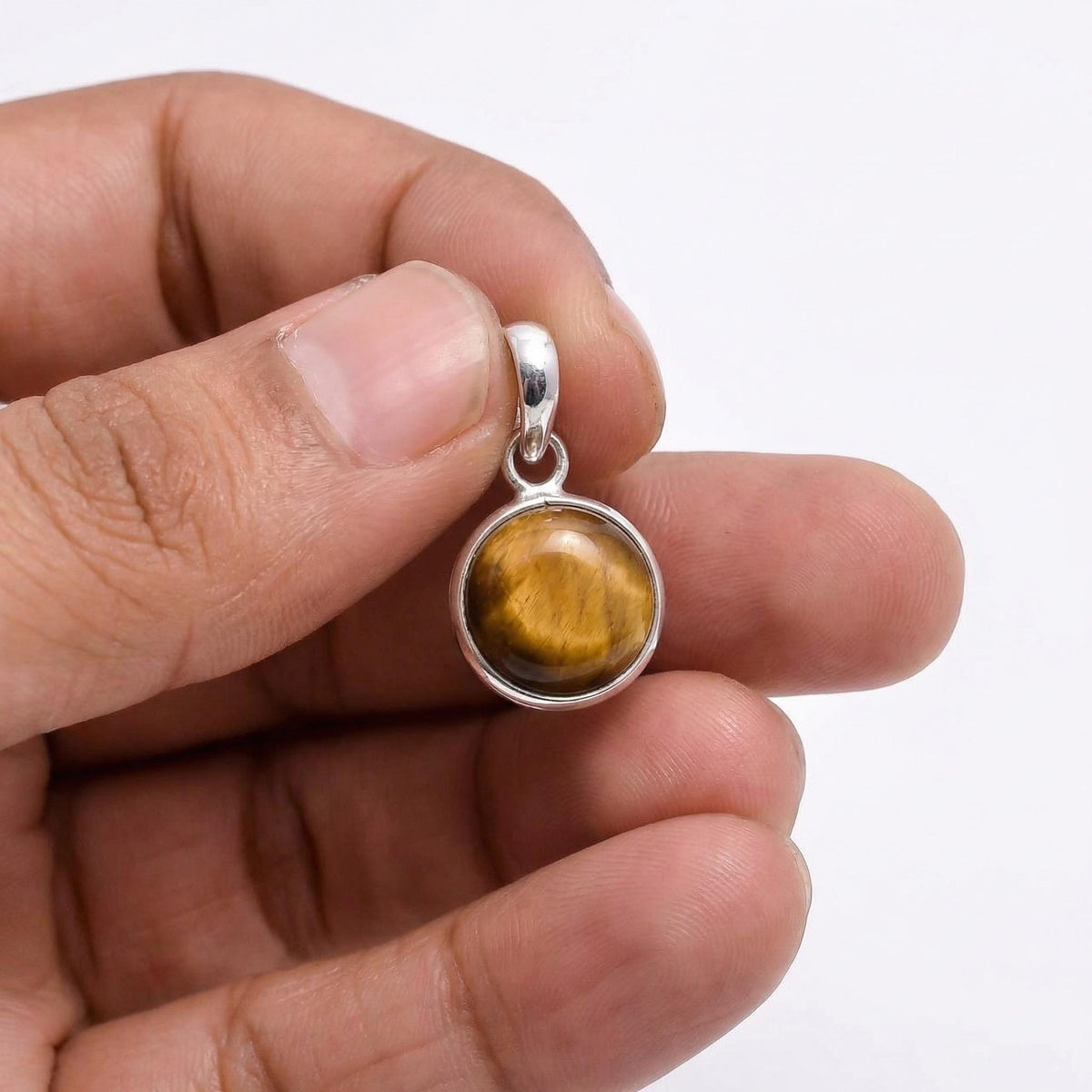 Tiger Eye Pendant Necklace: 925 Sterling Silver, Golden Brown Crystal