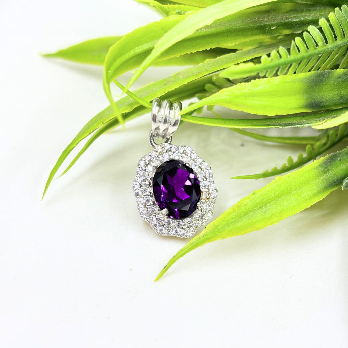 Amethyst CZ Double Halo Pendant in 925 Sterling Silver – Luxe Oval Purple Gemstone Necklace, Sparkling February Birthstone Jewelry