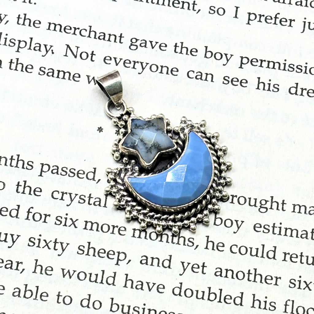 Blue Opal Moon & Dendritic Agate Star Pendant: Sterling Silver Celestial Charm