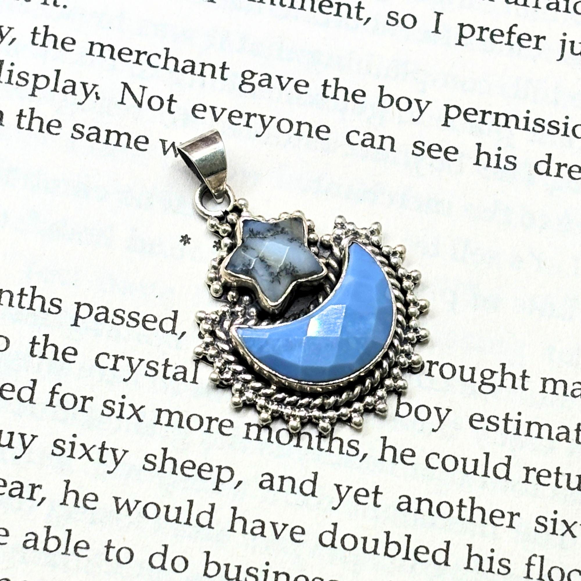 Blue Opal Moon & Dendritic Agate Star Pendant: Sterling Silver Celestial Charm
