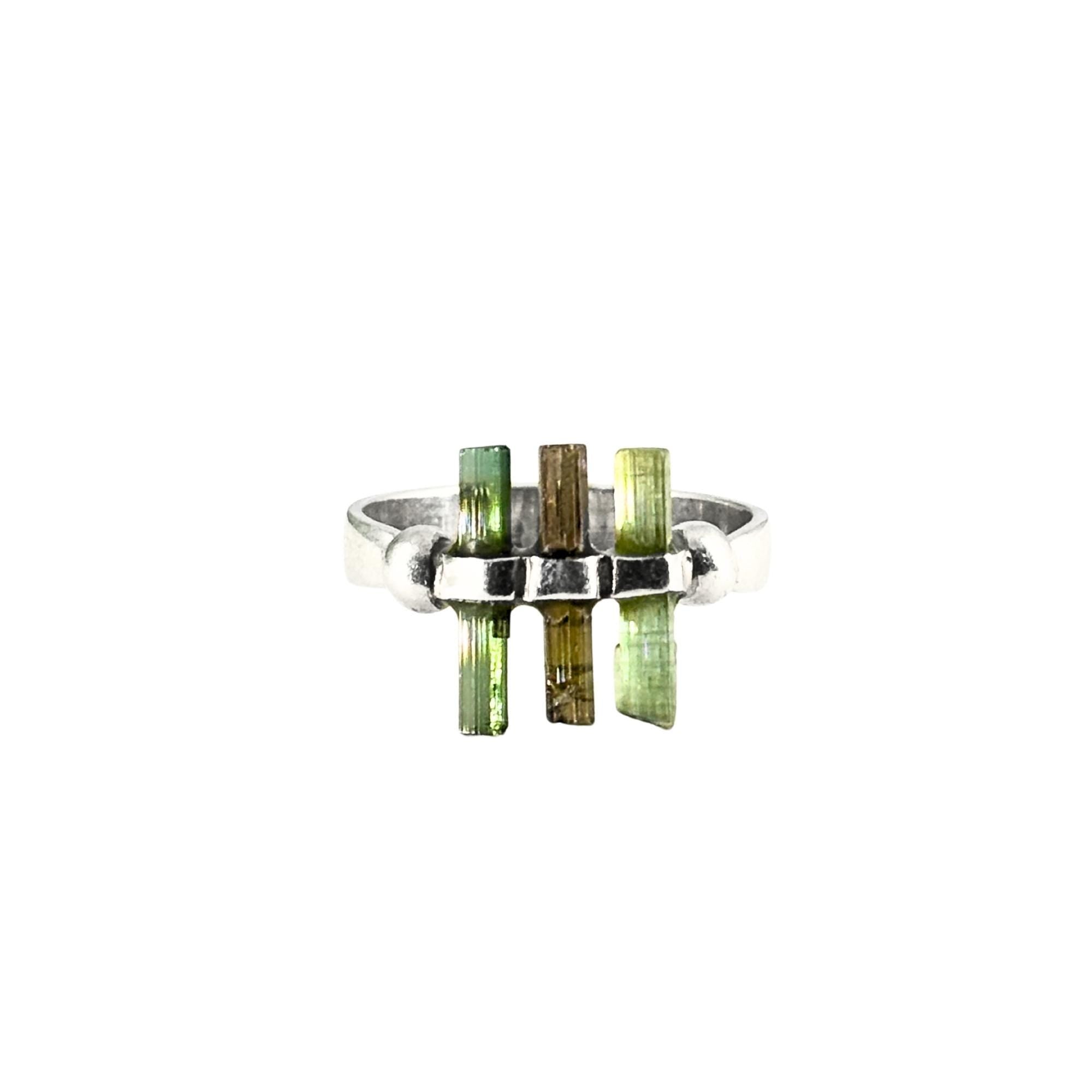 Raw Green Tourmaline Bar Ring: Sterling Silver Minimalist Stacking Ring
