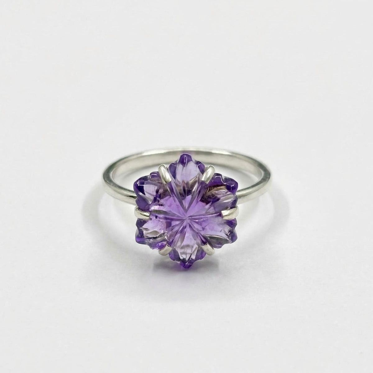 Amethyst Flower Ring: Carved Gemstone, 925 Sterling Silver, Boho Floral