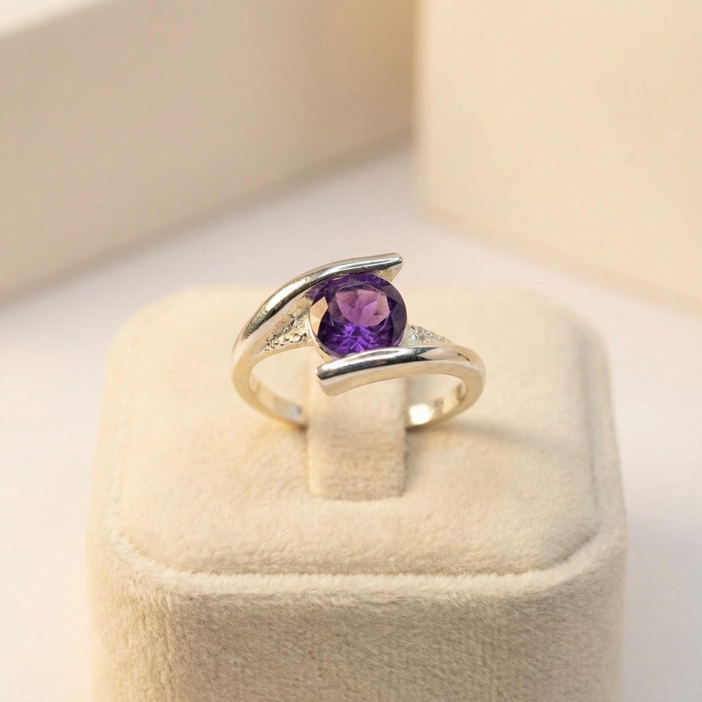Natural Amethyst Round Ring | 925 Sterling Silver | February Birthstone | Minimalist Gemstone Band | Handmade in Jaipur