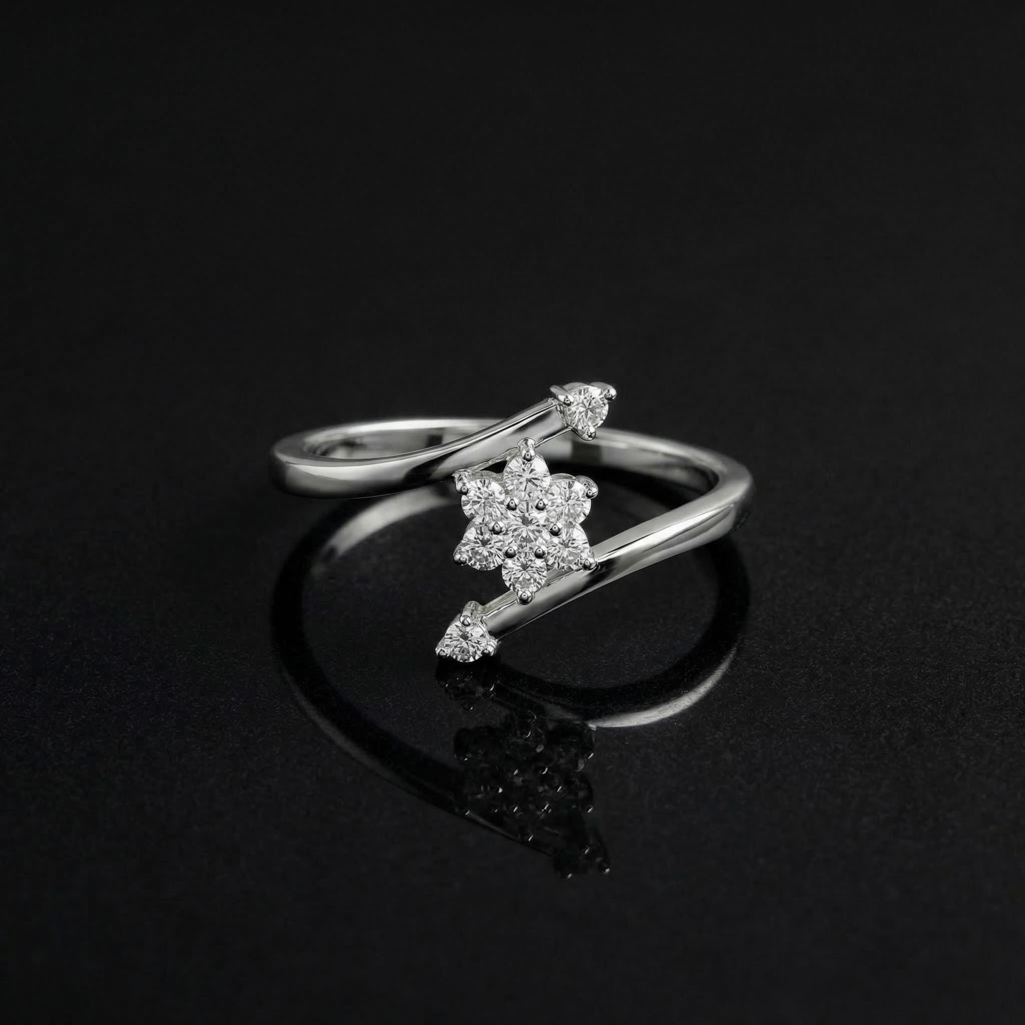 925 Sterling Silver CZ Starburst Ring, Pavé Flower Bypass Band, Boho Stacker Jewelry
