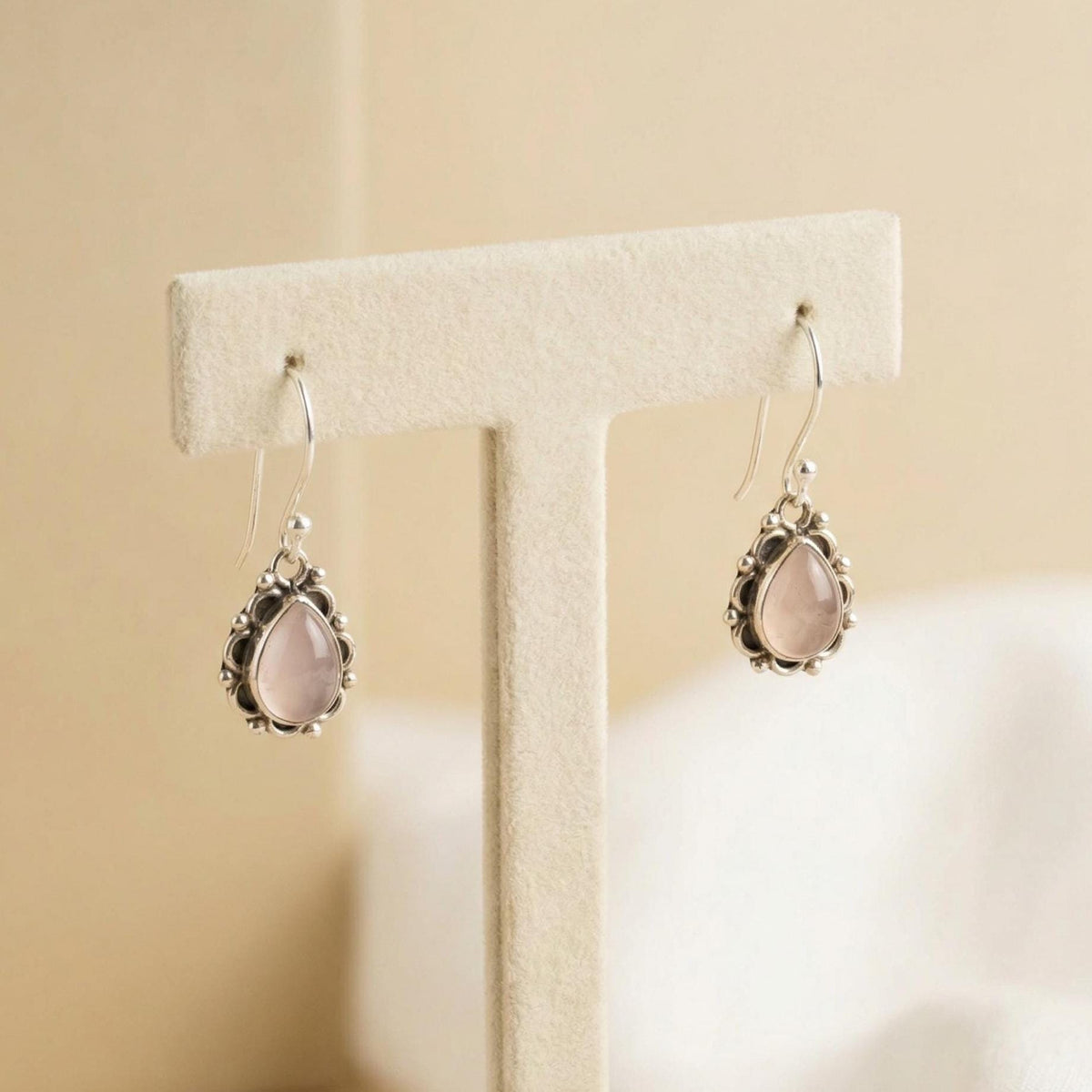 Handcrafted Rose Quartz Pear Drop Earrings | 925 Sterling Silver Dangle Jewelry