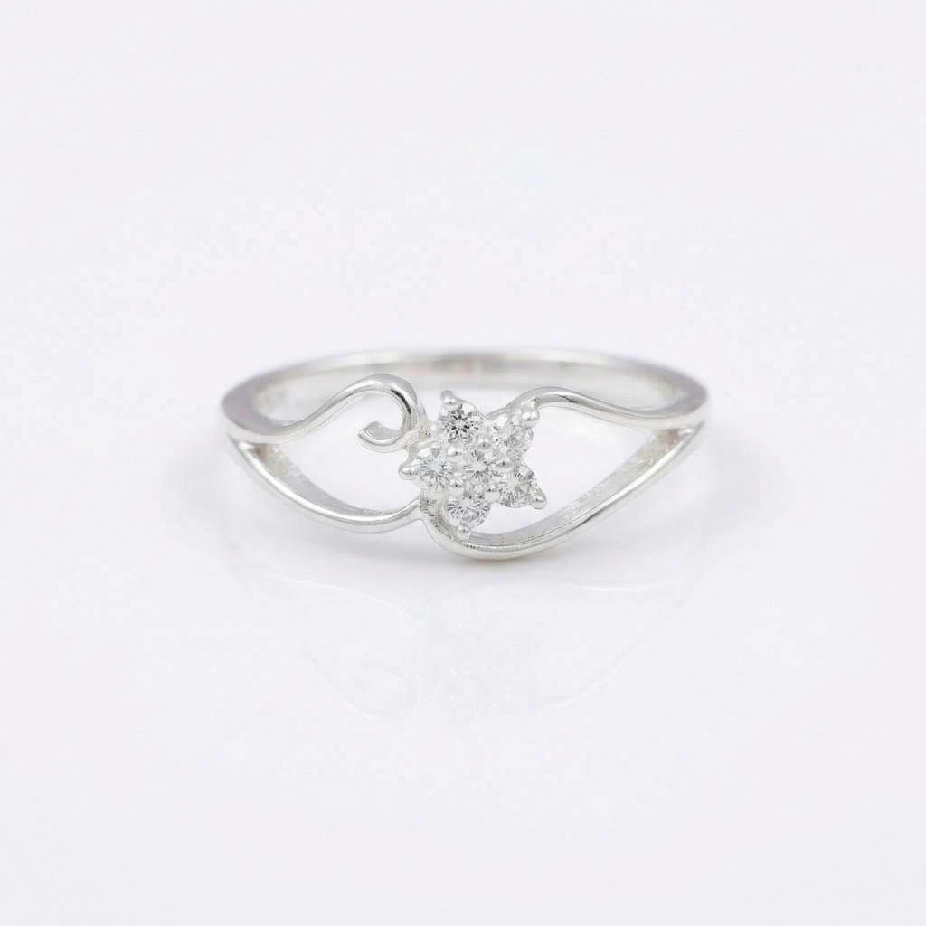 Sterling Silver Floral Cluster Ring • Romantic Heart Swirl Band, CZ Stones