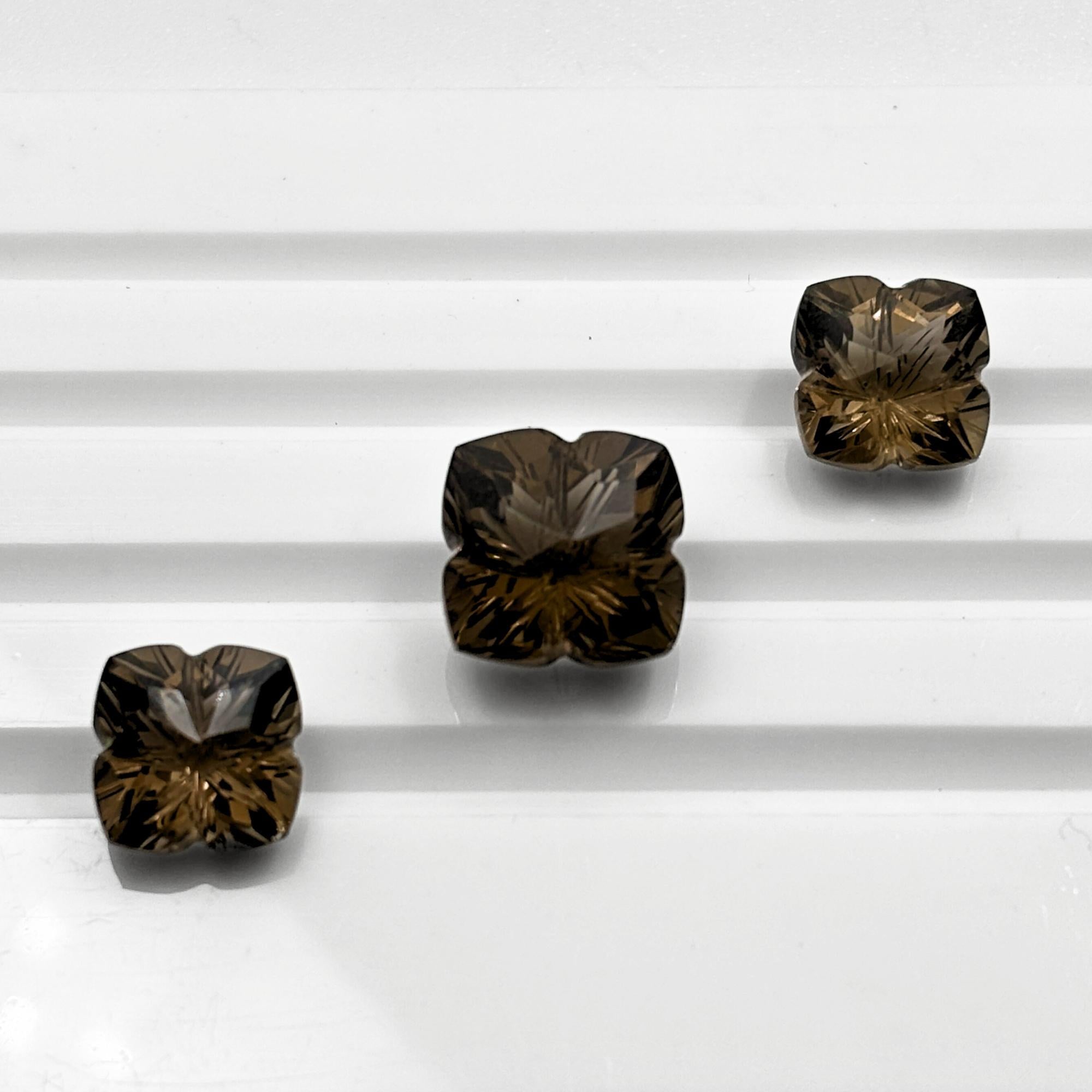Smoky Quartz Gemstone Pair – Deep Brown Flower Cut Stones