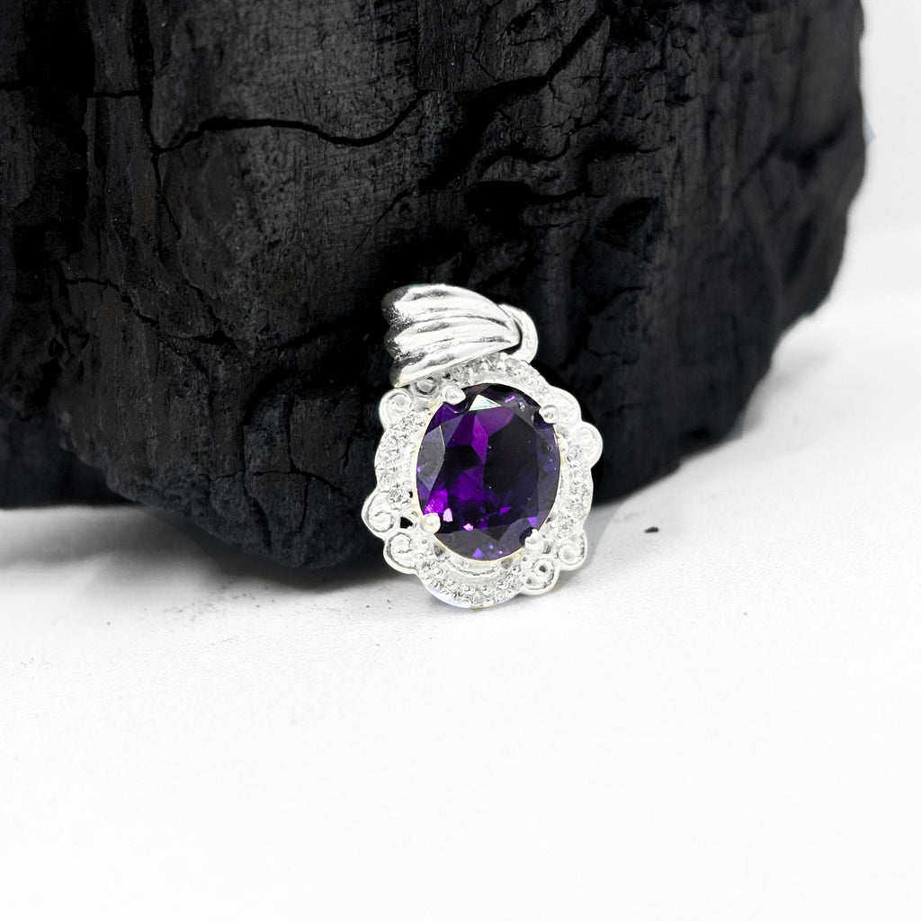 Amethyst CZ Halo Pendant in 925 Sterling Silver – Vintage Style Oval Purple Gemstone Necklace, February Birthstone Jewelry Gift for Her