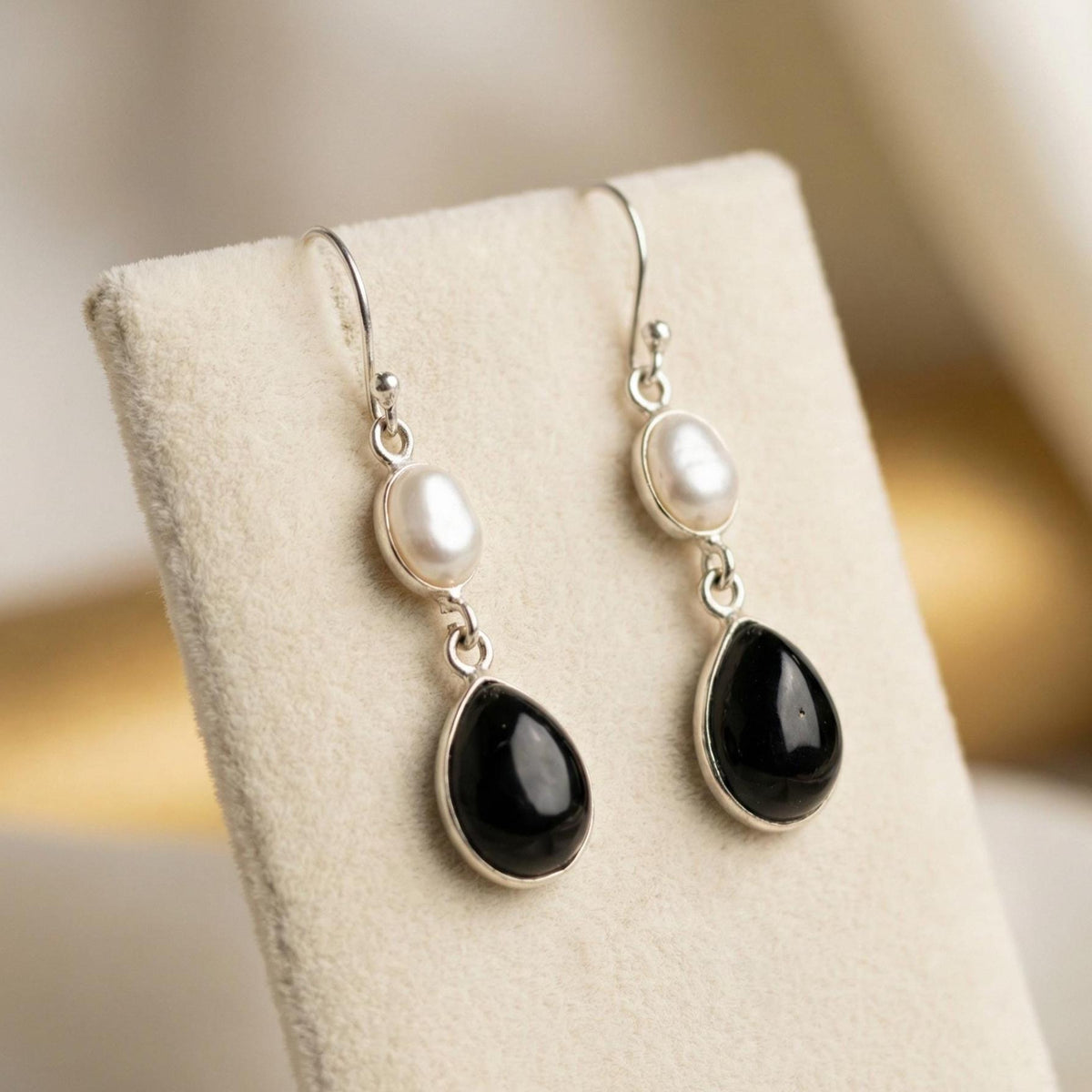 Black Onyx Pearl Drop Earrings | 925 Sterling Silver Pear Gemstone Dangle