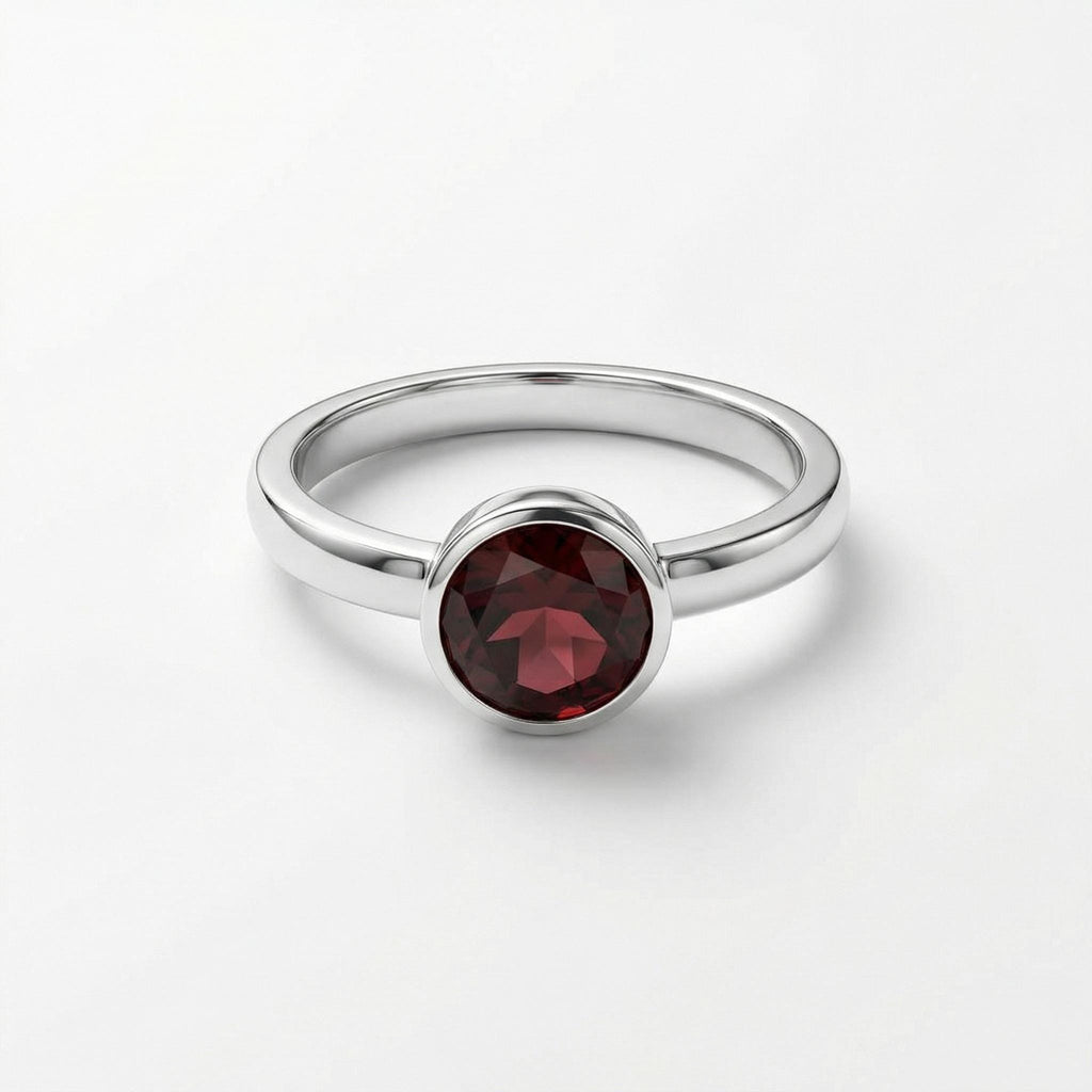 Garnet Round Ring: Sterling Silver, January Birthstone