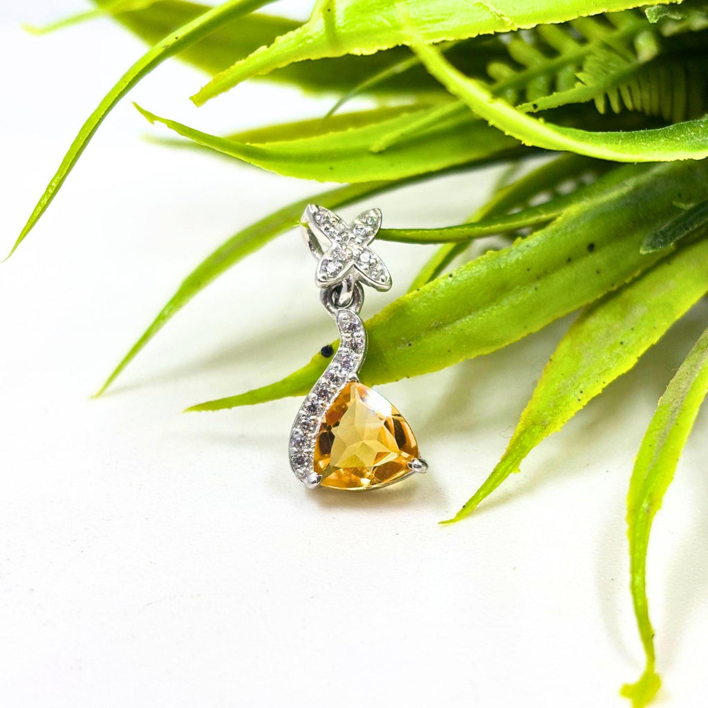 Citrine Trillion Pendant – Sterling Silver CZ Flower Drop, November Birthstone