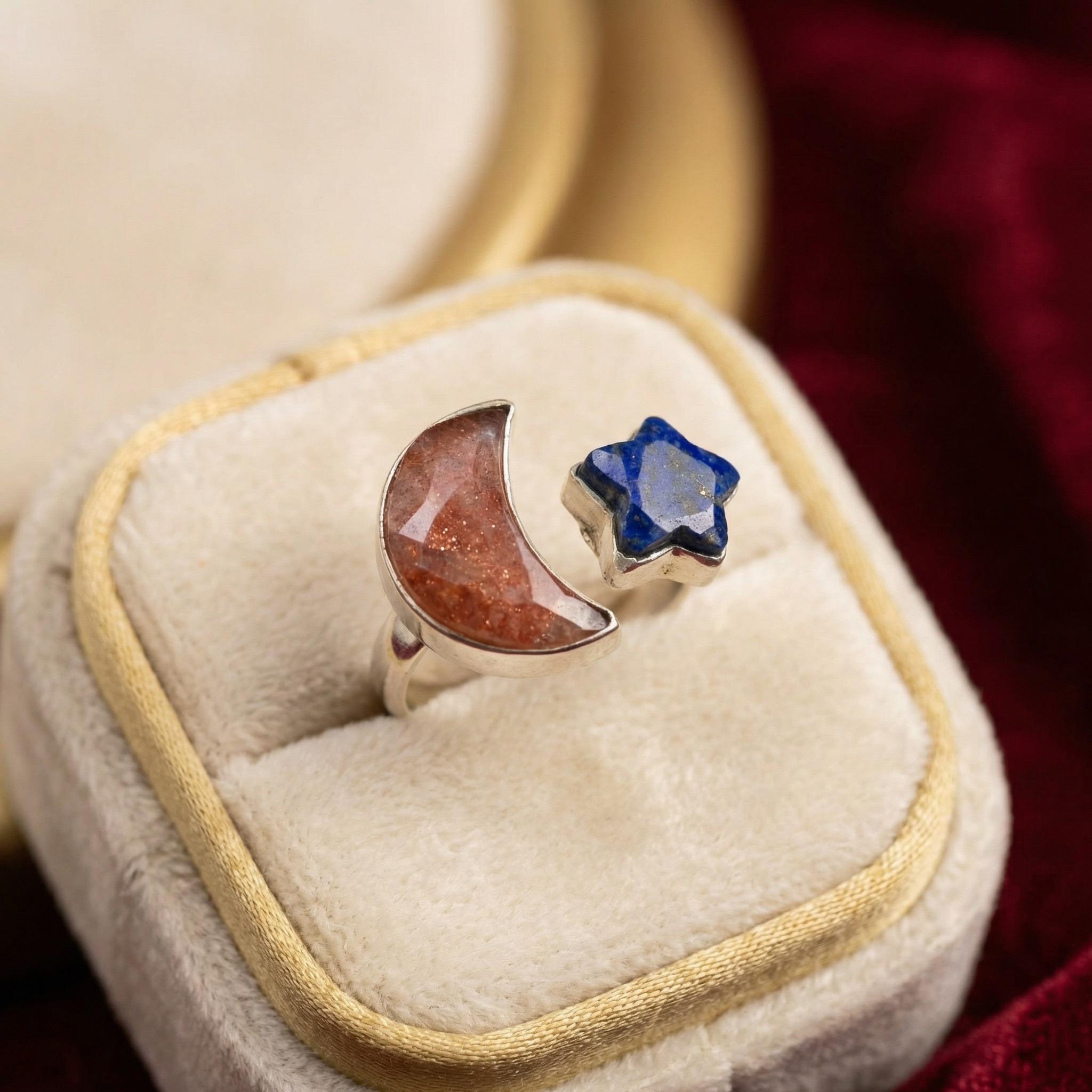 Sunstone Moon & Lapis Lazuli Star Ring: Sterling Silver Celestial Boho Jewelry