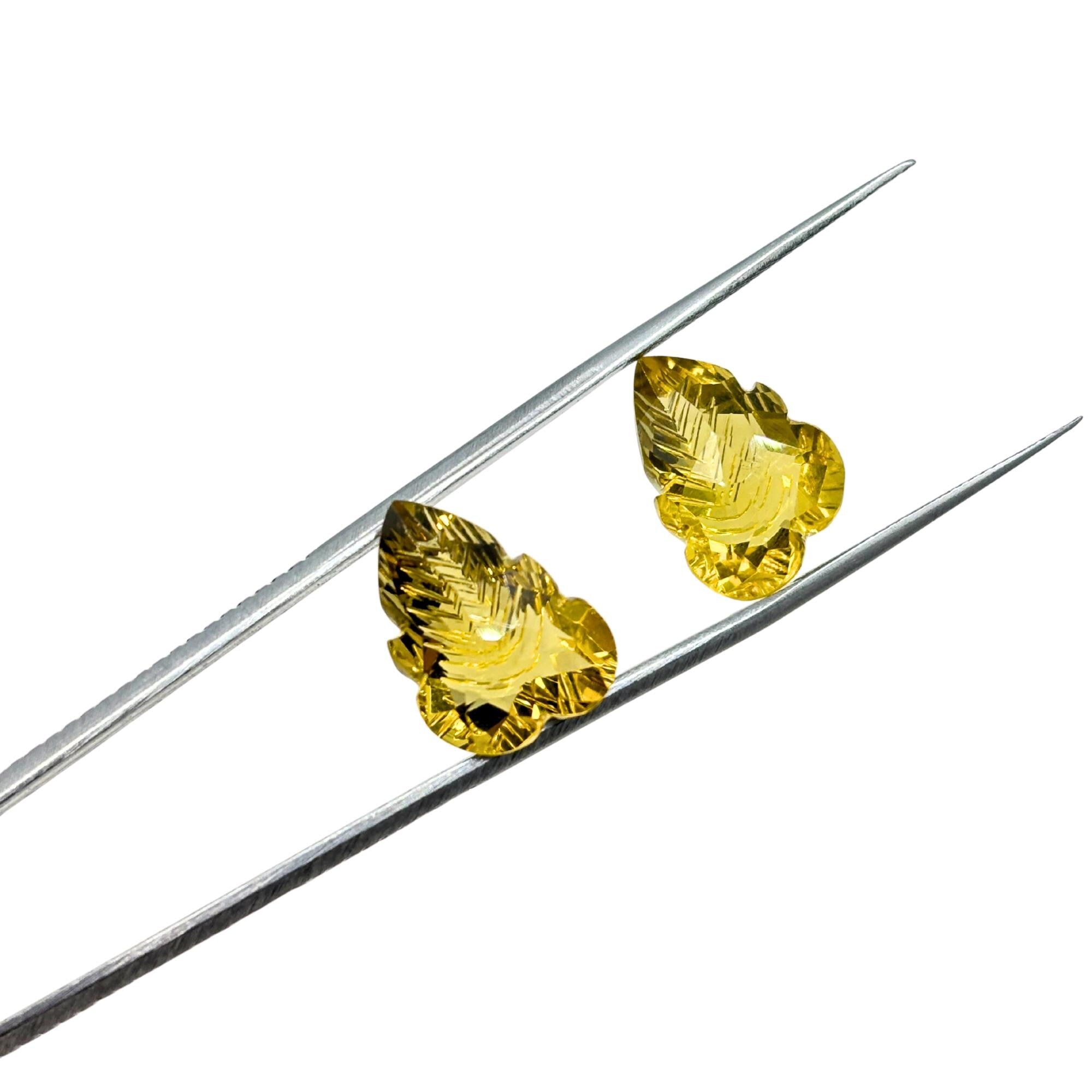 Hand-Carved Lemon Quartz Gemstone Pair – Floral Leaf Cut Stones
