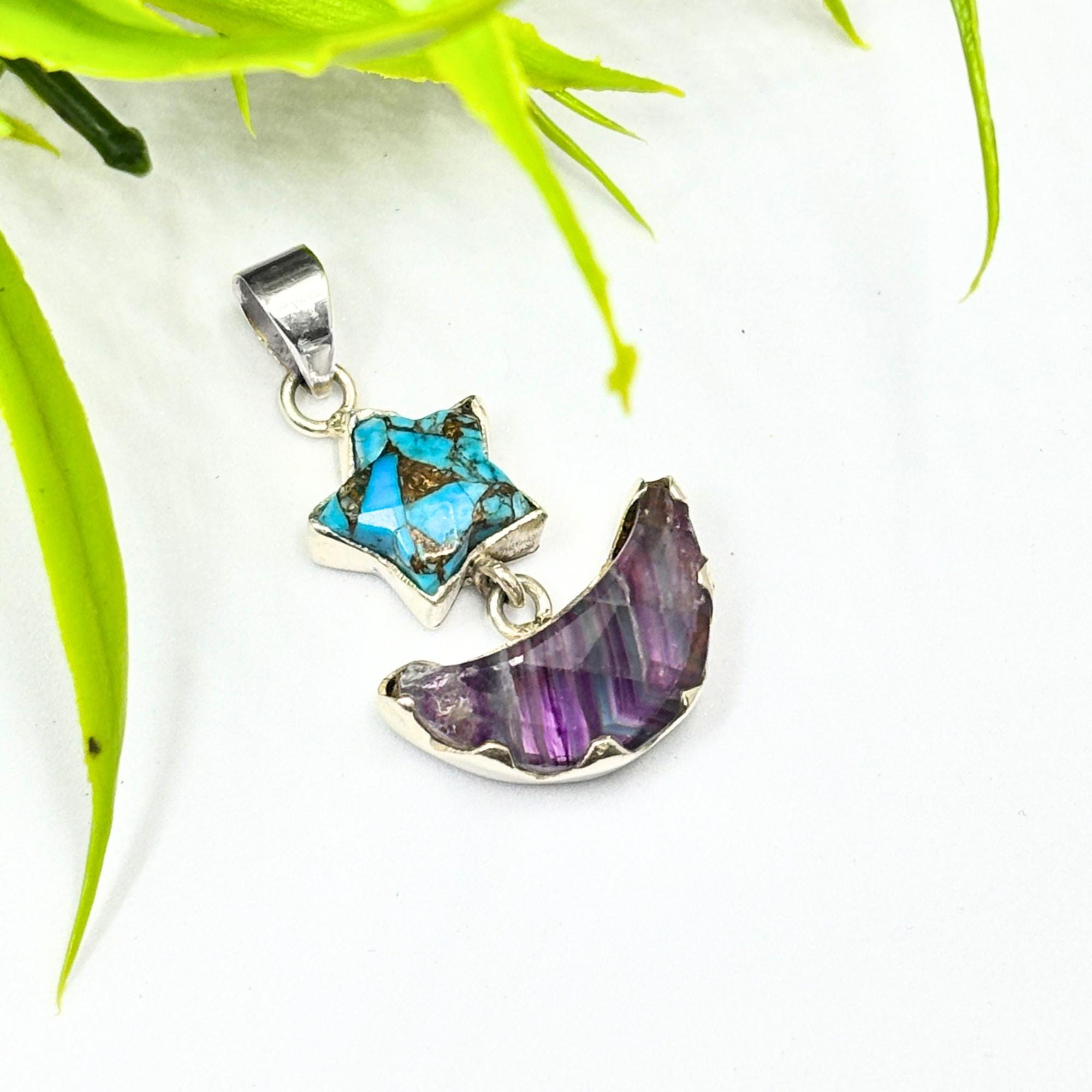 Turquoise Star & Rainbow Fluorite Moon Pendant: Handmade Silver Celestial Necklace
