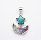 Turquoise Star & Amethyst Moon Pendant: Sterling Silver Celestial Charm