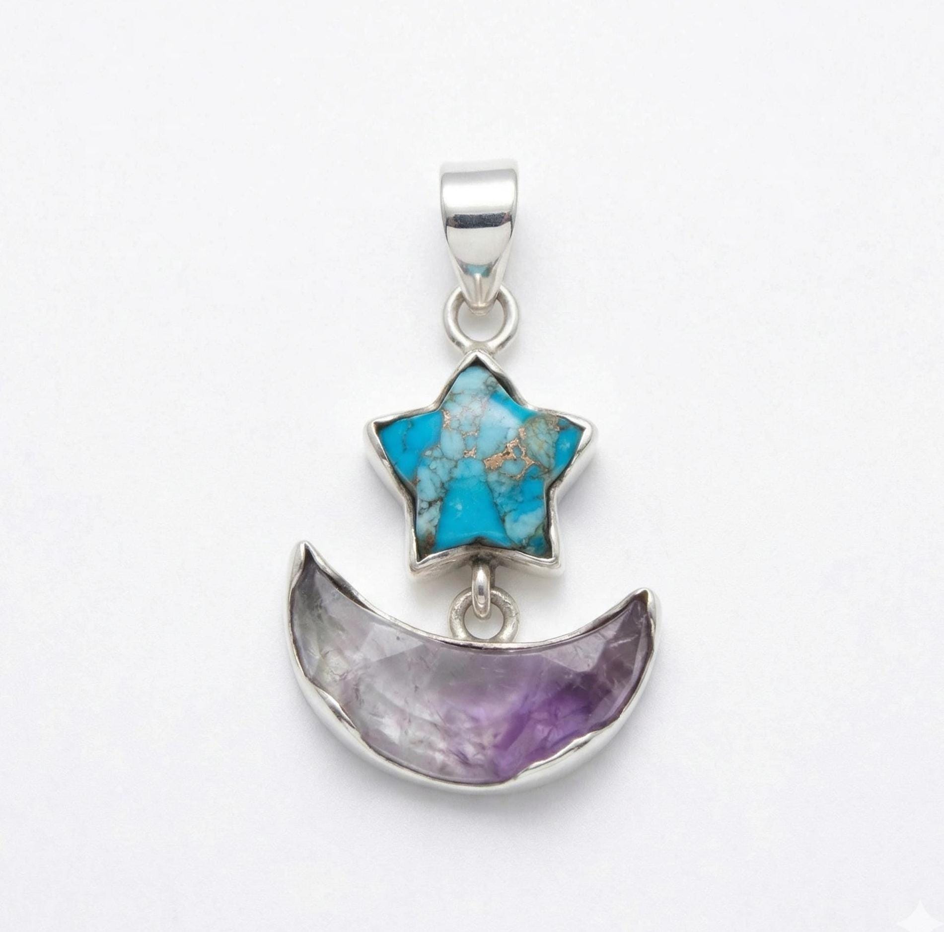 Turquoise Star & Amethyst Moon Pendant: Sterling Silver Celestial Charm