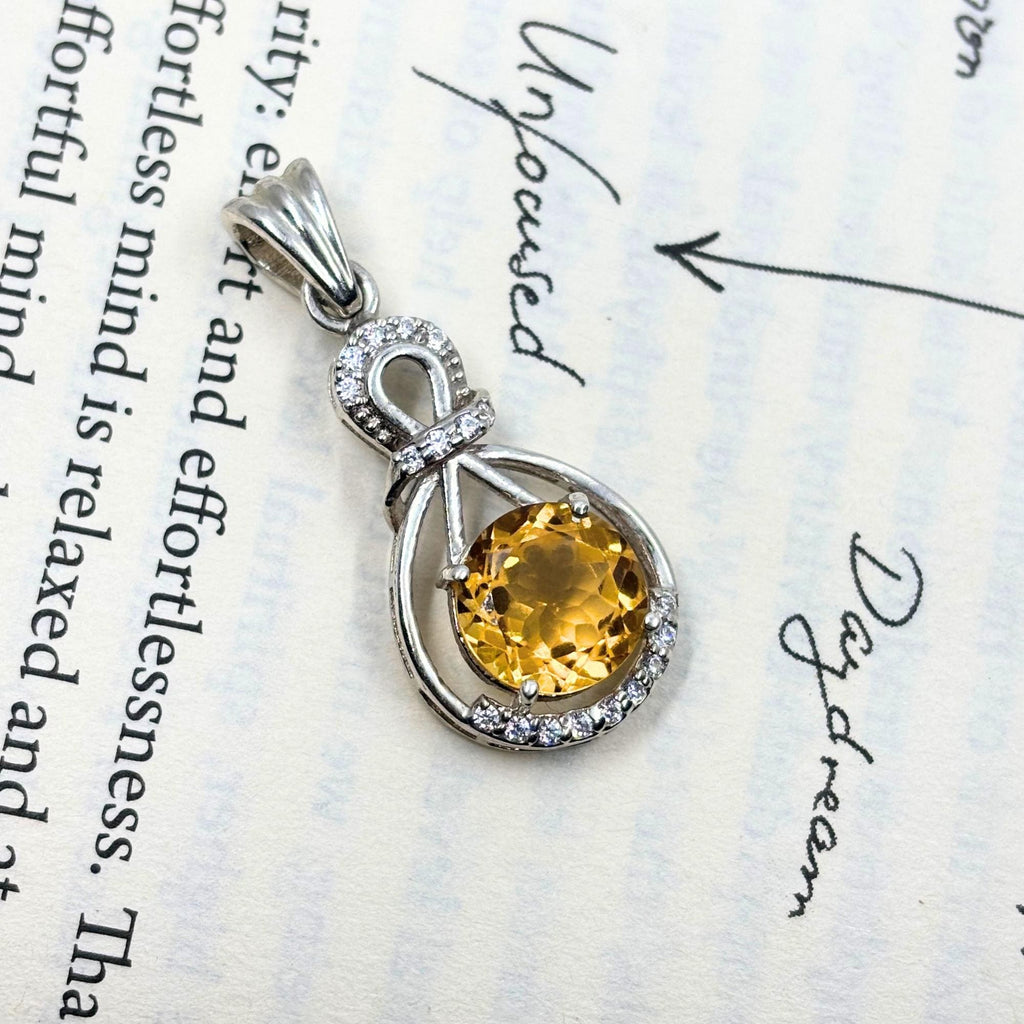 Citrine Halo Pendant - Sterling Silver, November Birthstone Jewelry