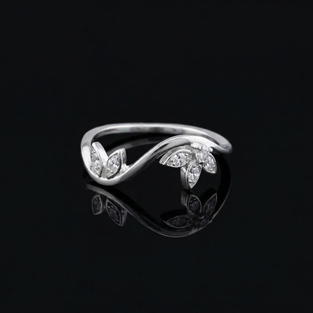 Sterling Silver Leaf Vine Ring • Marquise CZ Nature Inspired Band