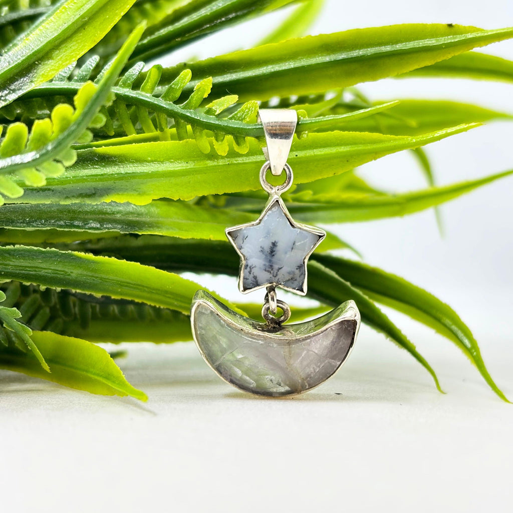 Dendritic Agate Star and Rainbow Fluorite Moon Pendant in 925 Sterling Silver – Celestial Gemstone Necklace, Boho Jewelry Gift for Her