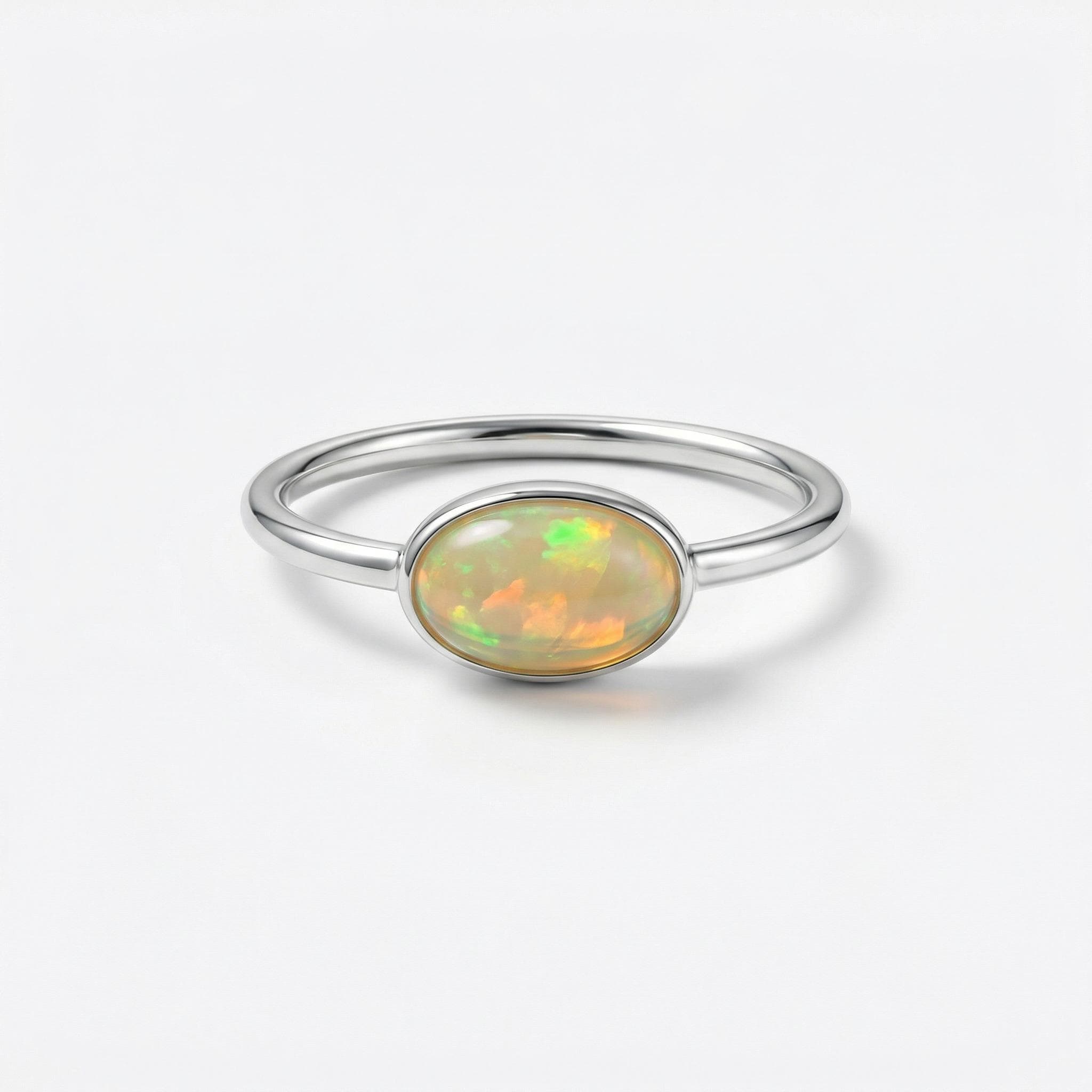 Opal Oval Ring – 925 Sterling Silver, Natural Opal Cabochon, Handmade Statement Jewelry