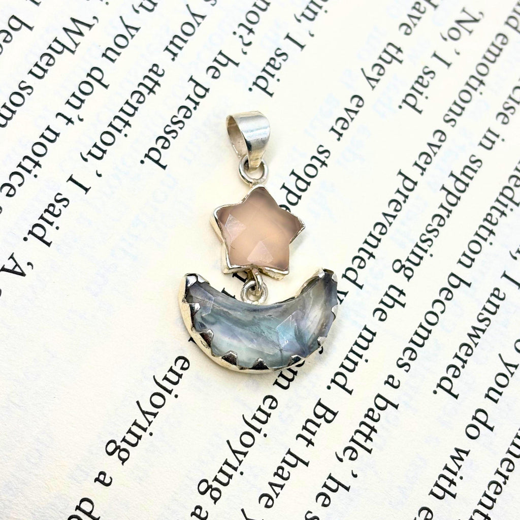 Rose Quartz Star and Fluorite Moon Pendant in 925 Sterling Silver – Celestial Gemstone Necklace, Boho Moon and Star Jewelry Gift for Her