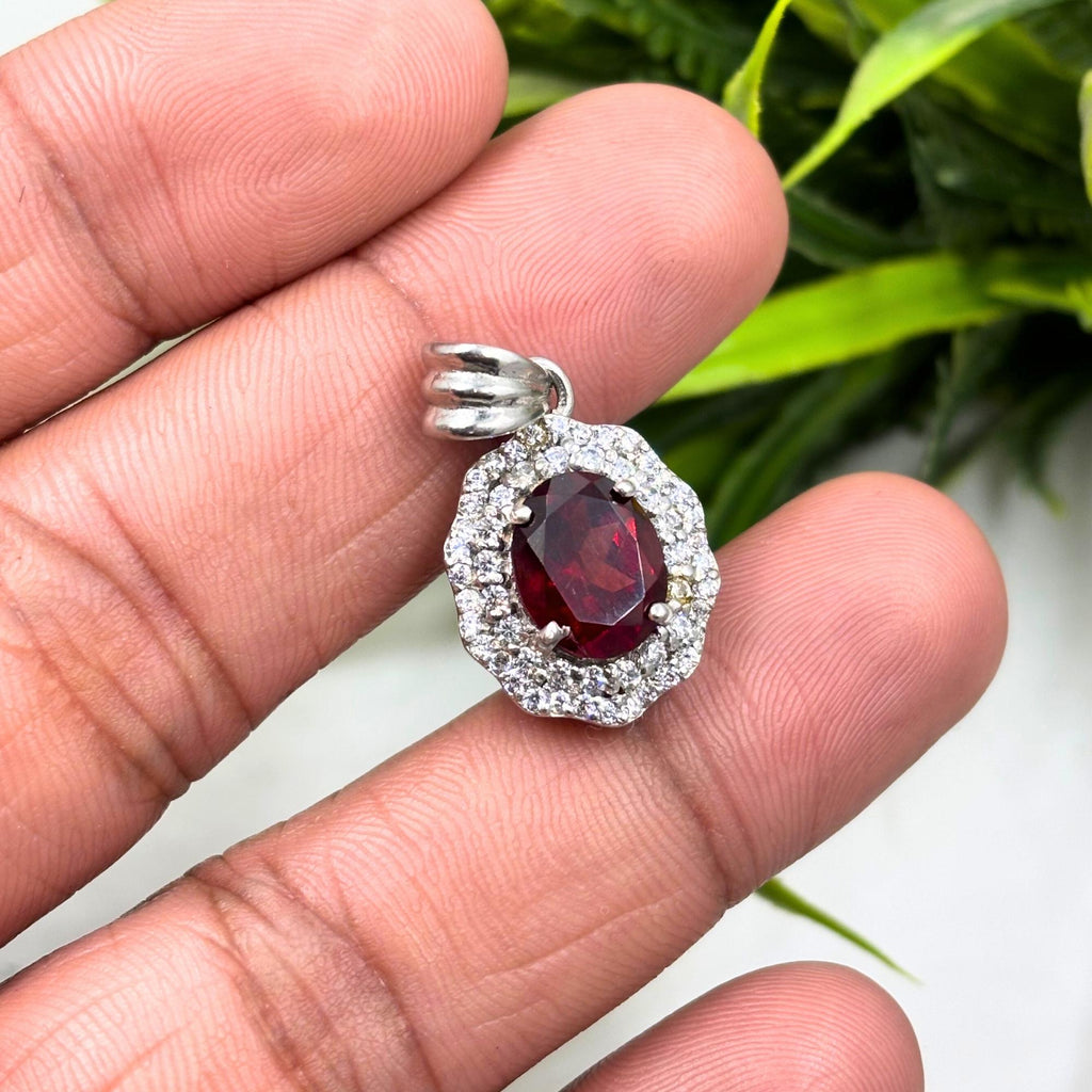 Garnet CZ Double Halo Pendant in 925 Sterling Silver – Luxe Oval Red Gemstone Necklace, Sparkling January Birthstone Jewelry Gift for Her