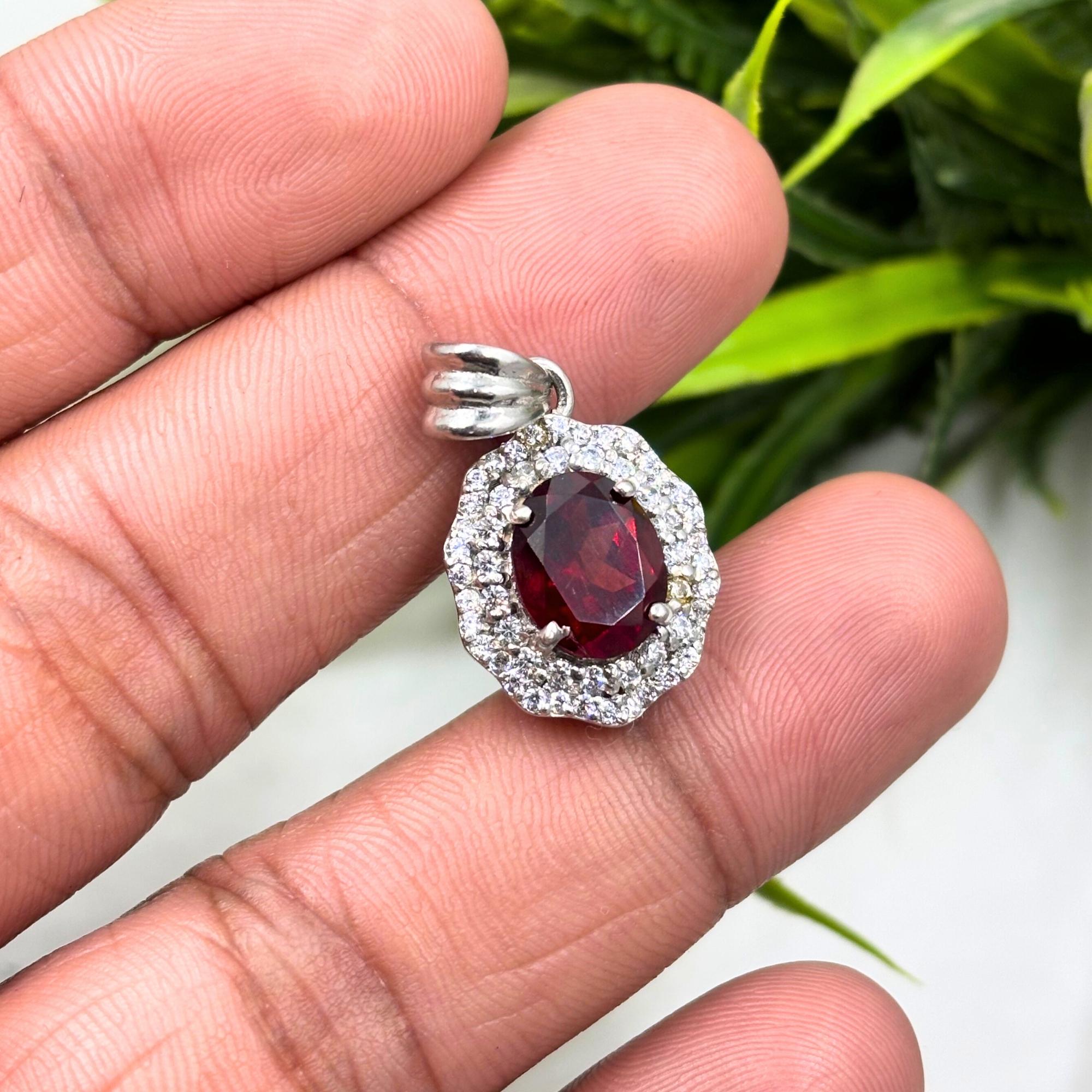 Garnet CZ Double Halo Pendant in 925 Sterling Silver – Luxe Oval Red Gemstone Necklace, Sparkling January Birthstone Jewelry Gift for Her