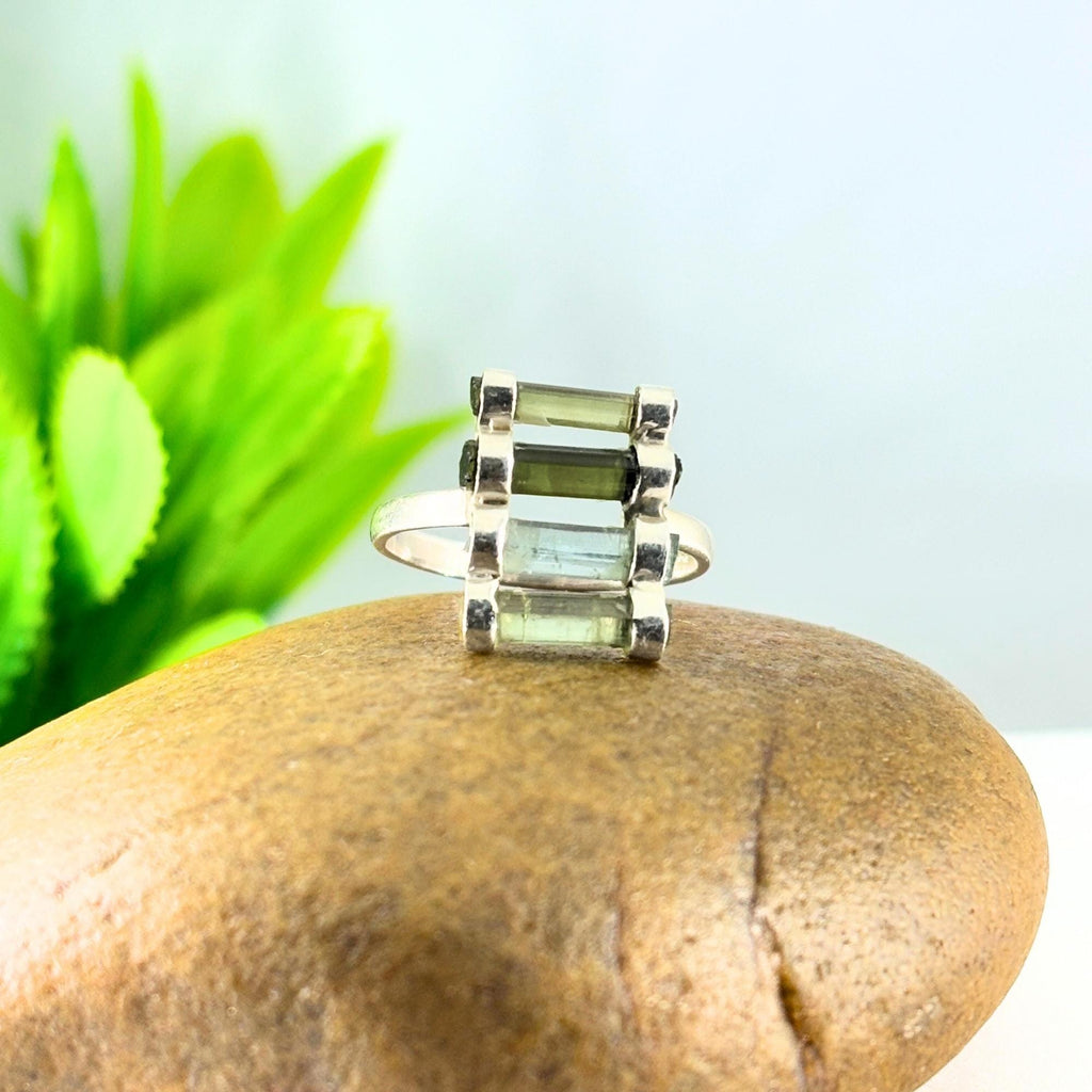 Raw Green Tourmaline Bar Ring: Sterling Silver October Birthstone