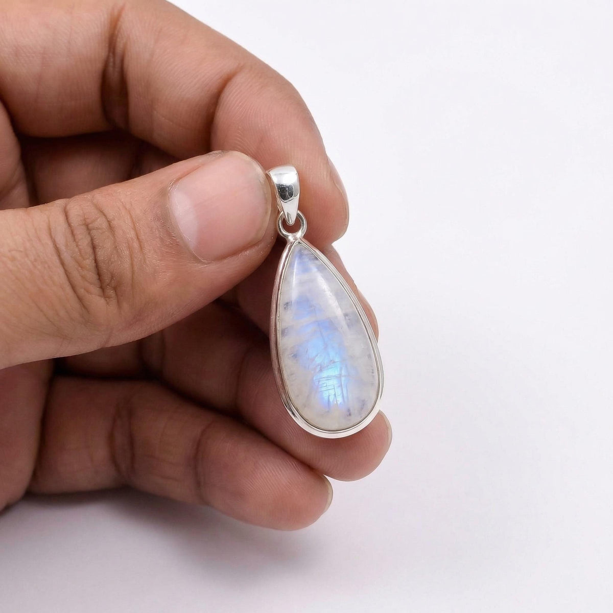 Teardrop Moonstone Pendant – 925 Sterling Silver, Minimalist Boho Gemstone Necklace