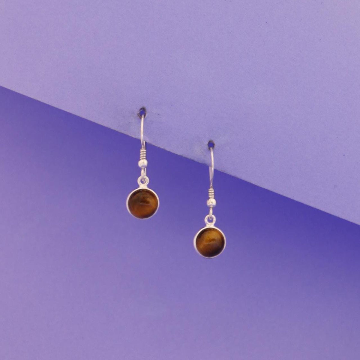 Handcrafted Tiger Eye Round Cabochon Earrings | Sterling Silver Dangle Gemstone