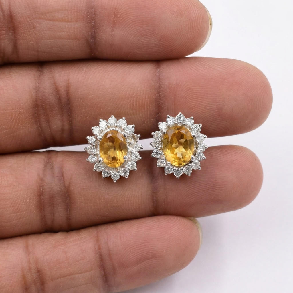 Citrine CZ Stud Earrings 925 Sterling Silver | Oval Gemstone Studs | February Birthstone | Handmade Jewelry