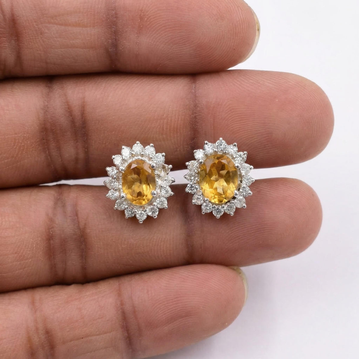 Citrine CZ Stud Earrings 925 Sterling Silver | Oval Gemstone Studs | February Birthstone | Handmade Jewelry