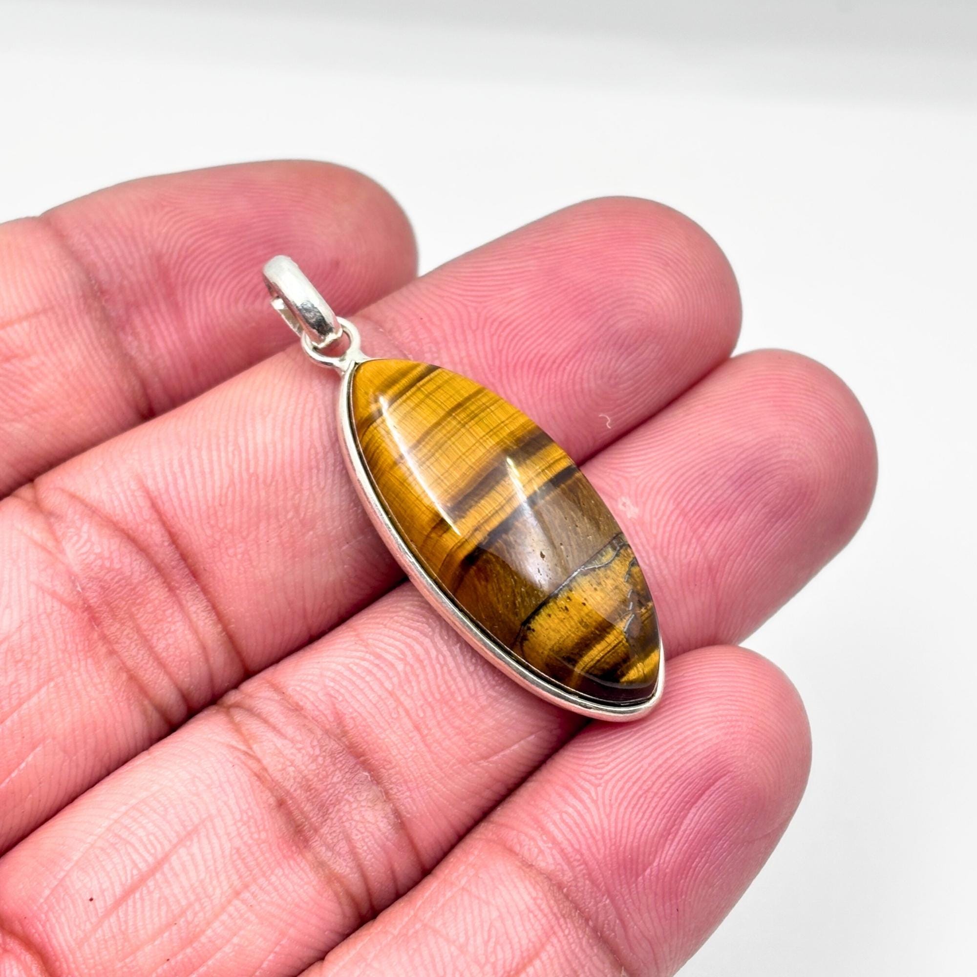 Tiger Eye Pendant Necklace, Handmade 925 Sterling Silver Necklace, Protection Jewelry, Healing Crystal Gift for Her