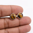 Round Tiger Eye Stud Earrings 925 Sterling Silver - Natural Golden Brown Cabochon Studs