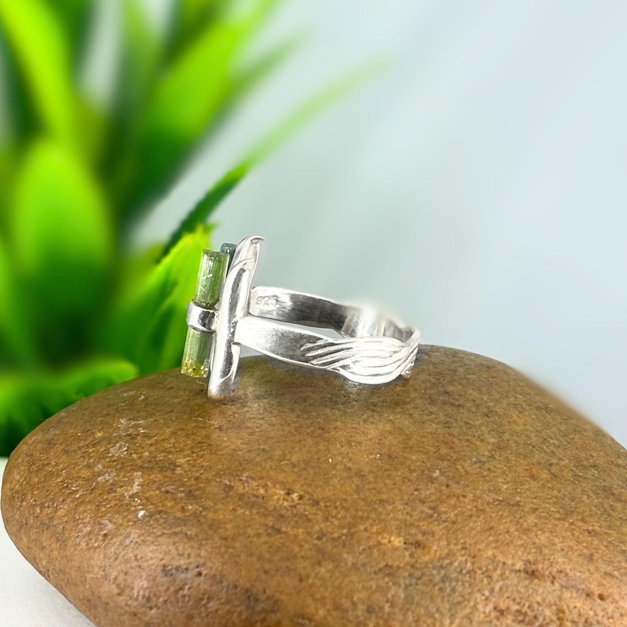 Raw Green & Blue Tourmaline Sterling Silver Ring: Modern Stacking Jewelry