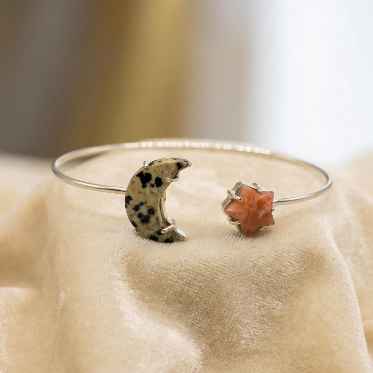 Dalmatian Jasper Sunstone Moon Star Bracelet | Sterling Silver Celestial Cuff Bangle