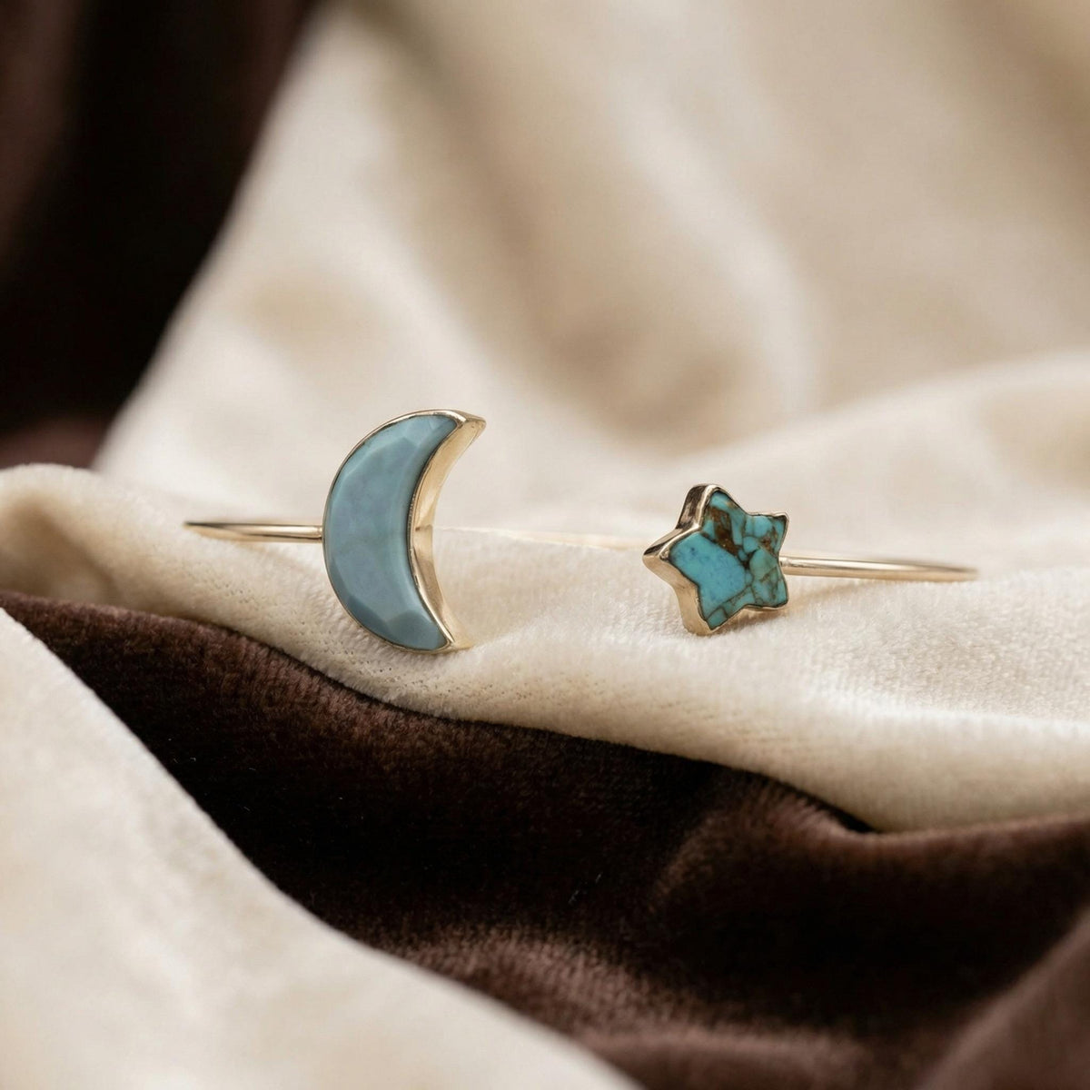 Blue Opal Turquoise Moon Star Bracelet | Sterling Silver Celestial Boho Cuff Bangle