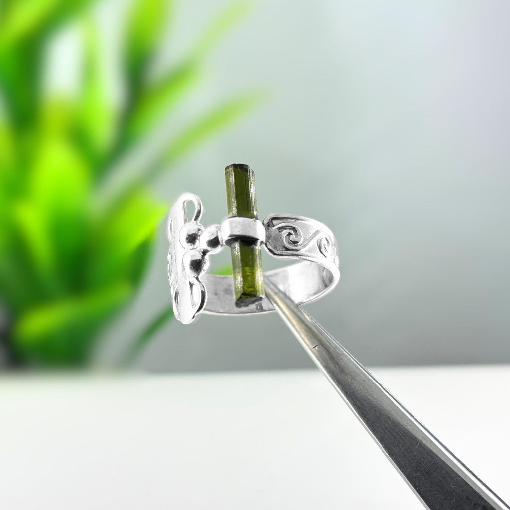 Raw Green Tourmaline Bar Ring: Adjustable Sterling Silver Boho Jewelry