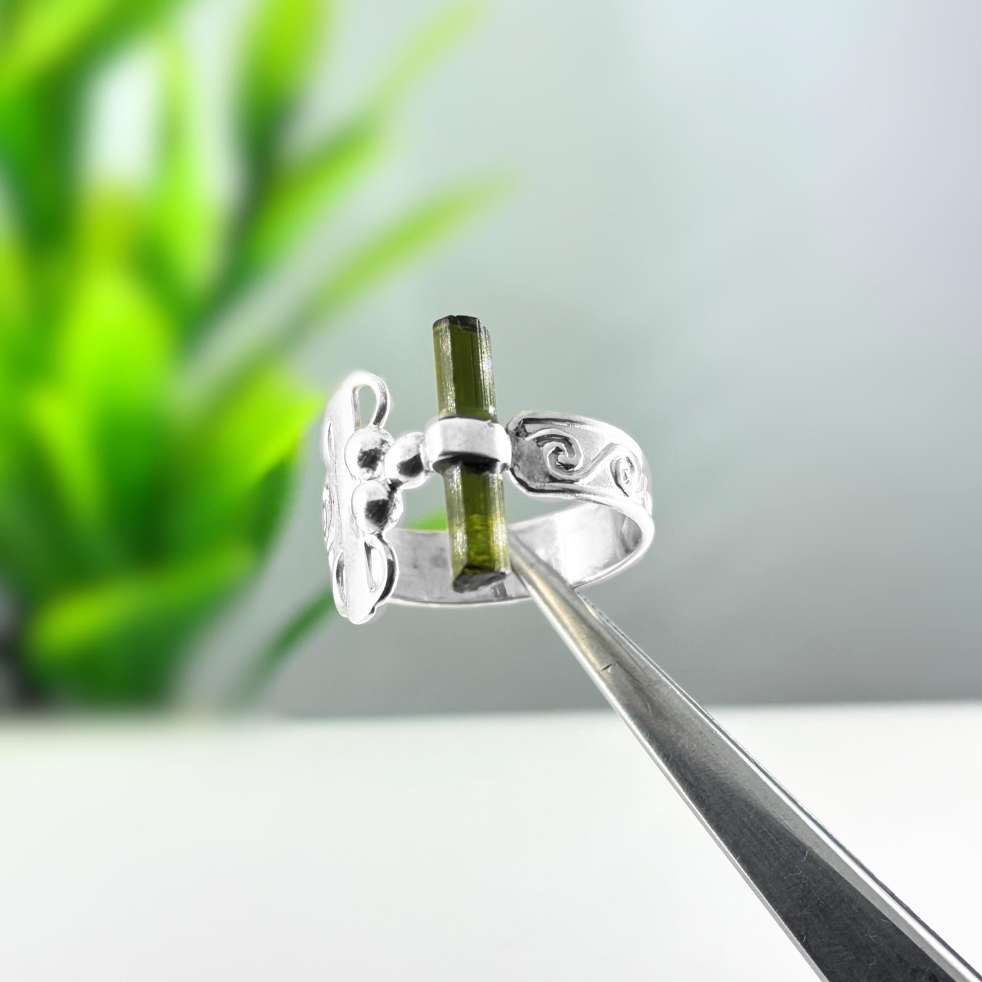 Raw Green Tourmaline Bar Ring: Adjustable Sterling Silver Boho Jewelry